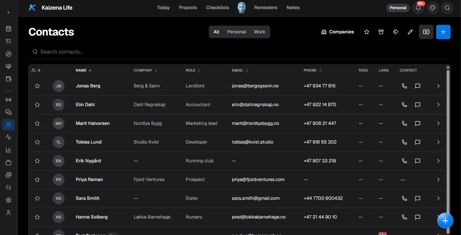 Kaizena Life dark contacts list UI showing names, companies, roles, emails and phone numbers with left sidebar and blue add button