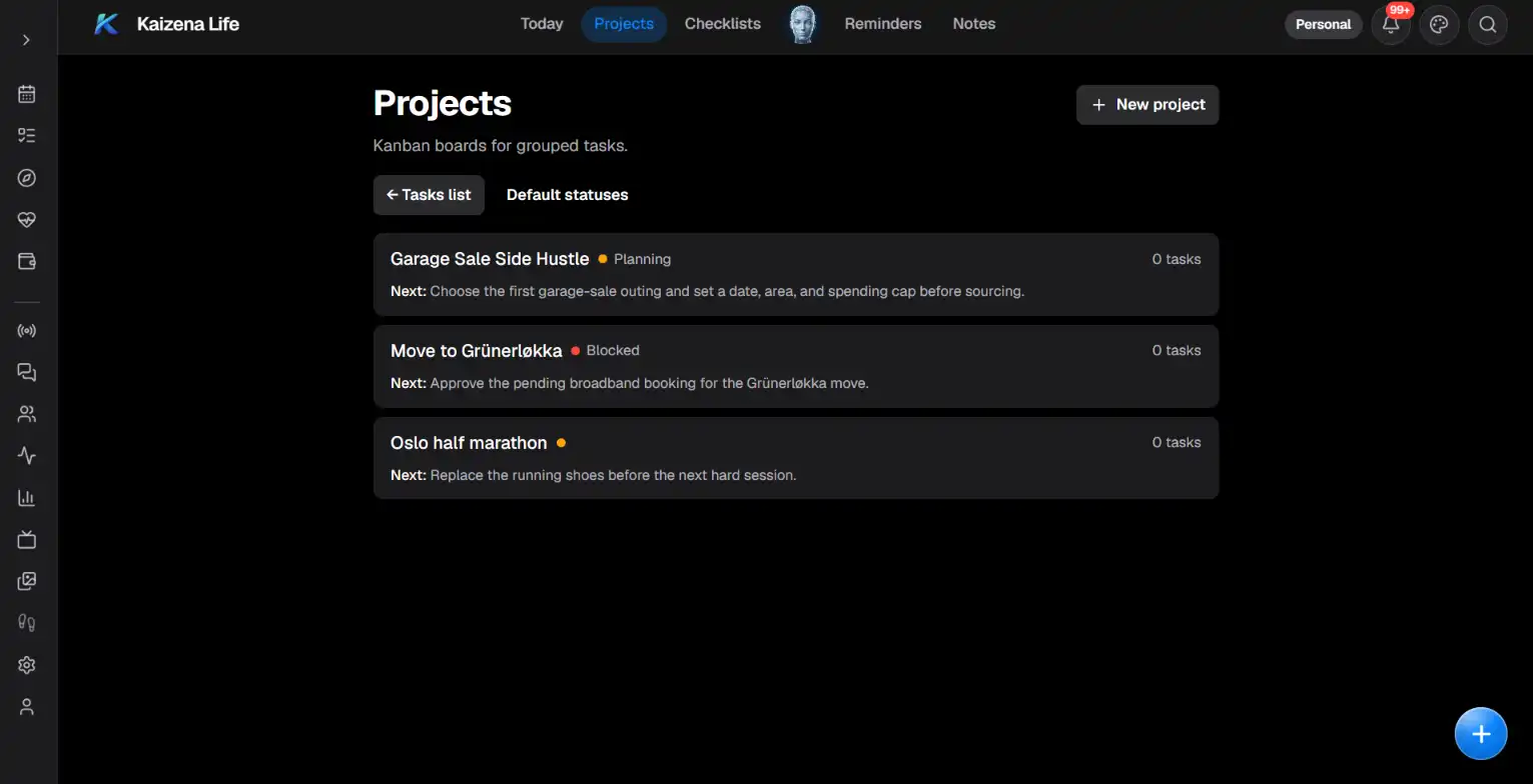 Dark kanban-style dashboard labelled Kaizena Life showing Projects list with three project cards and a blue add button