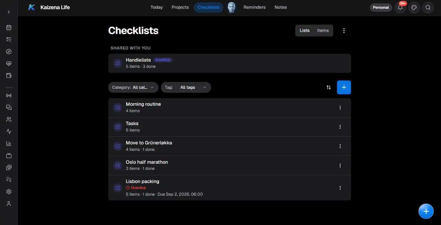 Dark-mode checklist app screen titled Checklists with Kaizena Life header, sidebar icons and list items like Morning routine and Lisbon packing