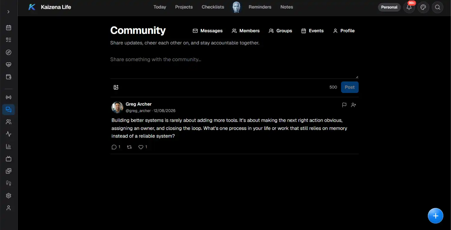 Dark-mode Kaizena Life community feed on a web app showing sidebar icons, top navigation and a user post with a composer box