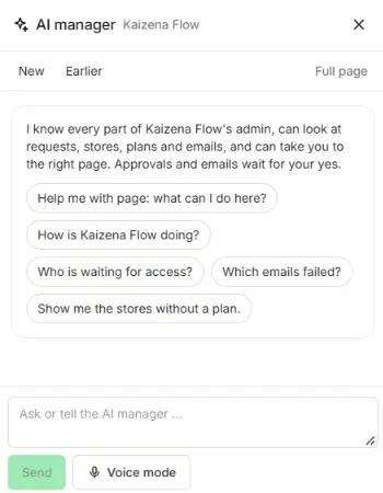 Panel titled AI manager Kaizena Flow showing suggested query bubbles, a text input reading Ask or tell the AI manager..., and Send and Voice mode buttons.
