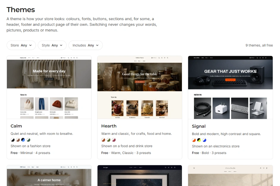 Screenshot of a Themes page showing filter buttons and three theme preview cards labeled Calm, Hearth, and Signal.